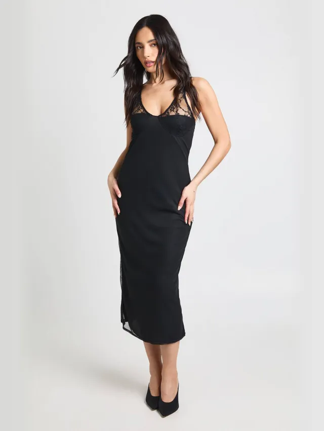 boohoo Dames Mesh Bodycon Jurk Met Kanten Cup Detail Zwart