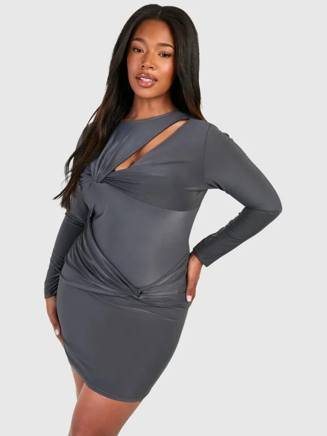 boohoo Dames Plus Knot Detail Long Sleeve Slinky Mini Dress Houtskool