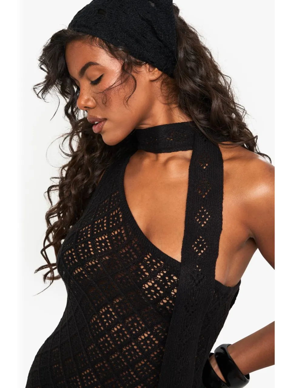 boohoo Dames Gehaakte gebreide asymmetrische schouderjurk en nekstrik zwart, foto 3