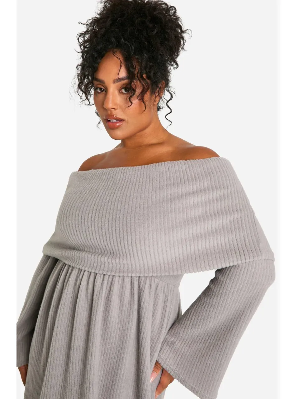 boohoo Dames Plus Brushed Rib Off Shoulder Skater Jurk grijs, foto 4