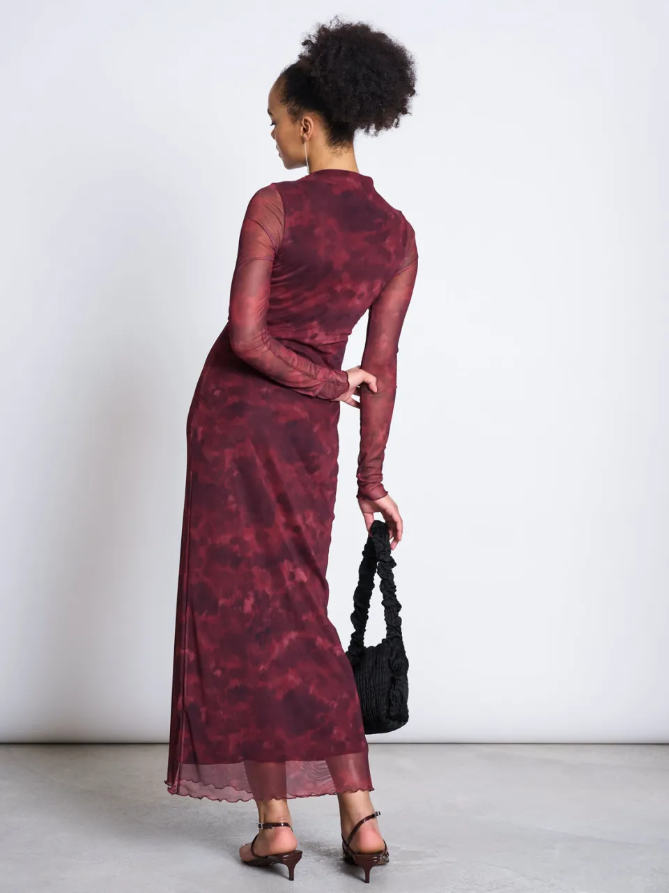 JAN N JUNE dames vegan Jurk Mesh Longsleeve Zaldi Carmine Curl donkerrood, foto 2
