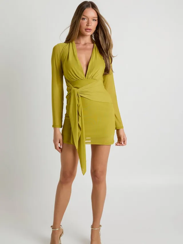 boohoo Dames Mini-wikkeljurk met diepe V-hals Chartreuse
