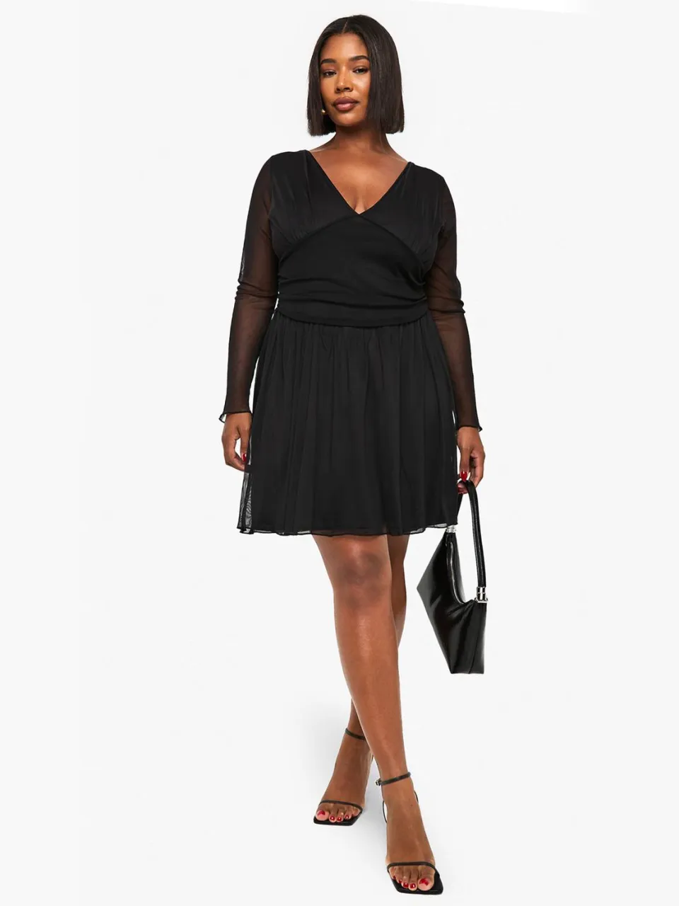 boohoo Dames Plus Plunge Corsetdetail Lange Mouwen Skaterjurk zwart, foto 3