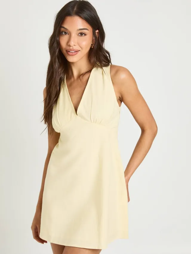 boohoo Dames Linnen Shift Jurk Met Buste Detail Citroen
