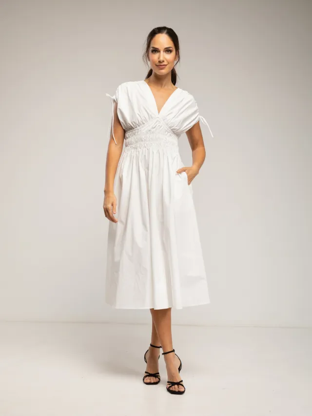 Tantra Midi-jurk met elastische taille en borst, rimpelmouwen en zakken Wit