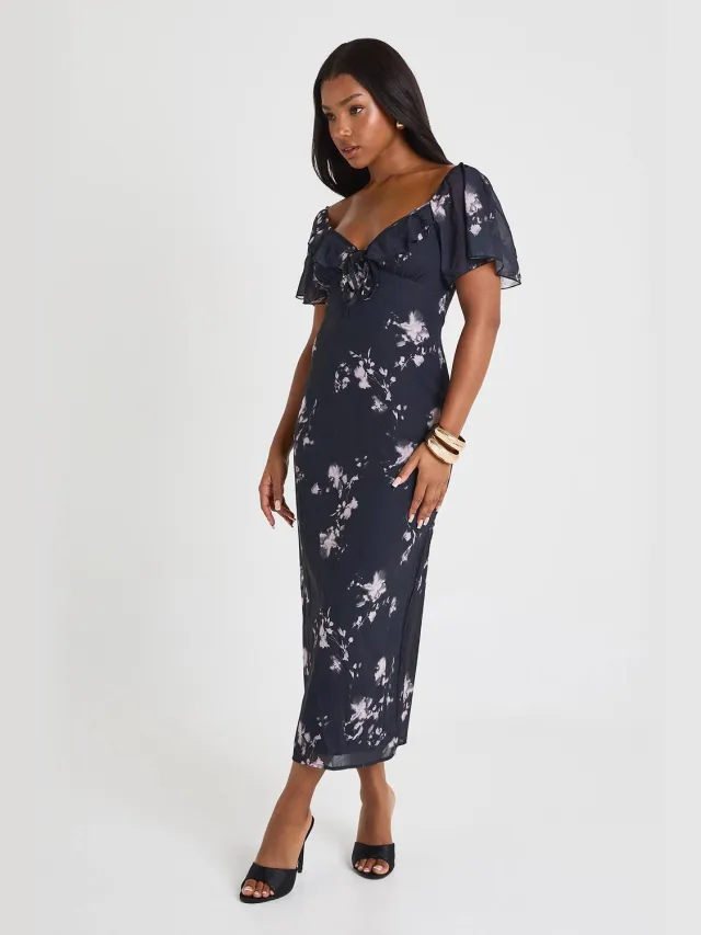 boohoo Dames Bloemenjurk met engelenmouwen in midaxi lengte Zwart