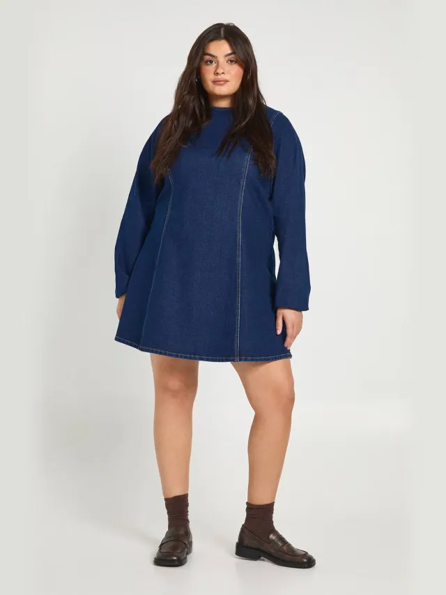 boohoo Dames Plus Denim Shift Jurk Donker Indigo