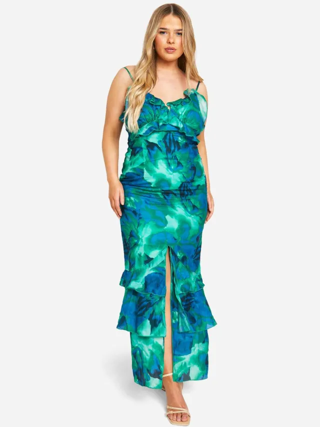 boohoo Dames Plus Abstract Floral Ruffle Maxi Jurk Groente