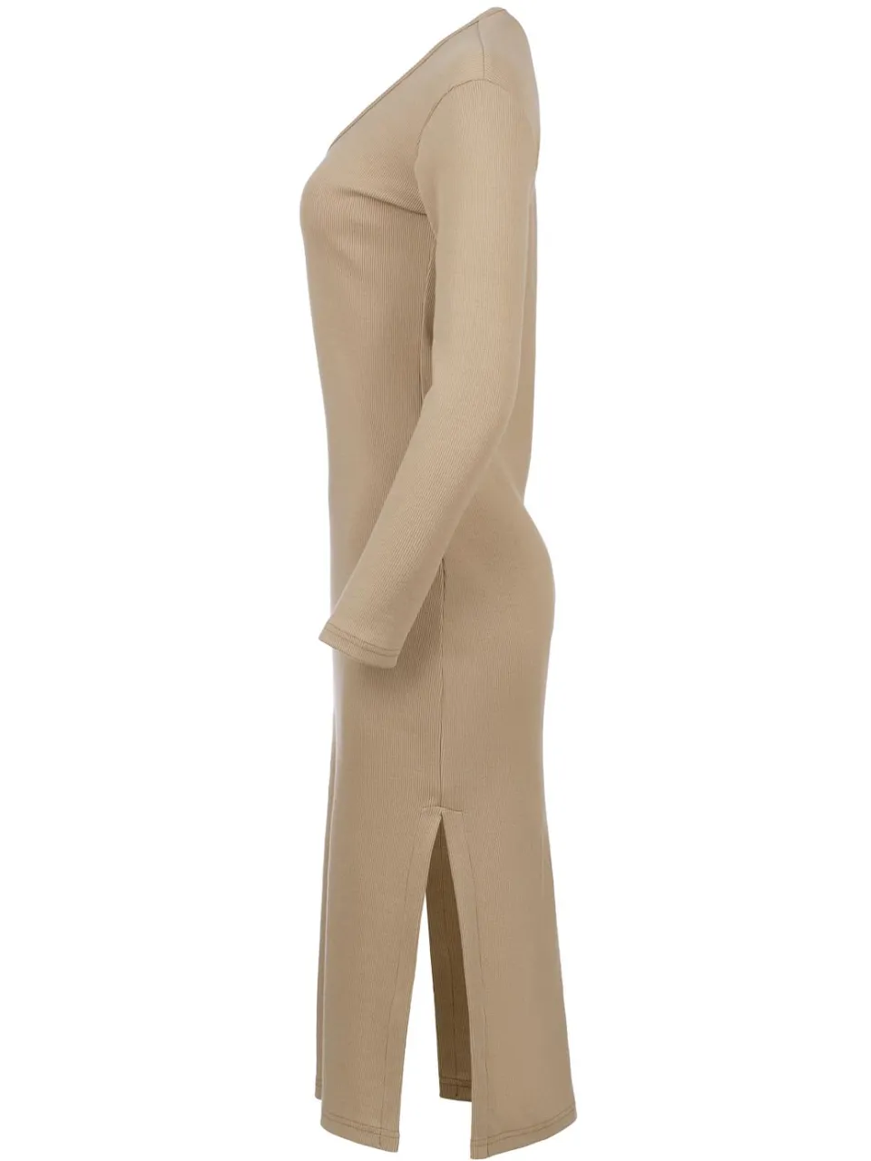 Conquista Midi-jurk met ronde hals en lange mouwen in geribd katoen-elastaan beige, foto 2