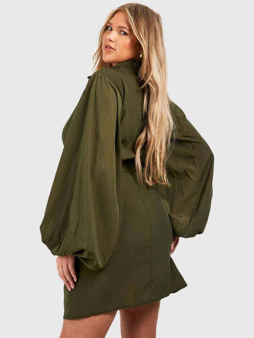 boohoo Dames Plus Blouson Mouw Wrap Jurk kaki, foto 2