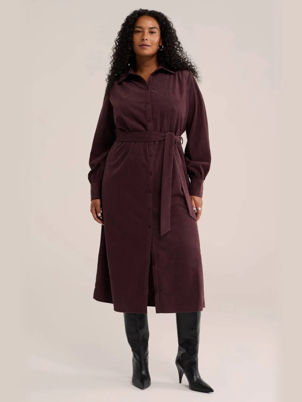 WE Fashion Curve Plus Size corduroy midi blousejurk met ceintuur - donkerrood, foto 3