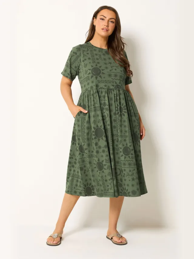 Yours Kakigroene Losvallende Jurk Met Bloemenprint En Smokwerk Green