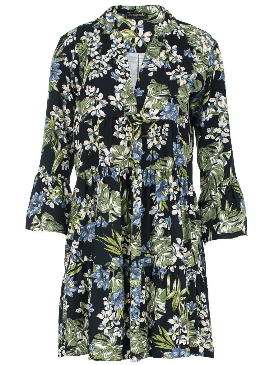Conquista Khaki, ecru en blauwe bloemenjurk met klokmouwen, foto 2