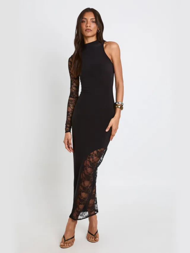 boohoo Dames Lange Kanten One-shoulder Midaxi Jurk Zwart