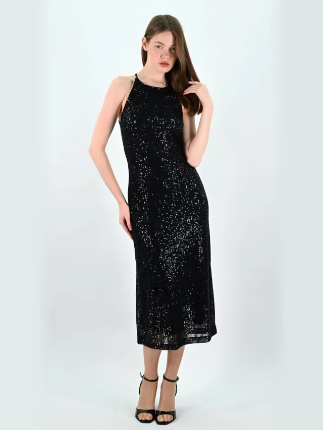 YESMOOI Cocktailjurk met Pailletten - Zwart - Sequinned Midi Dress - L (40)