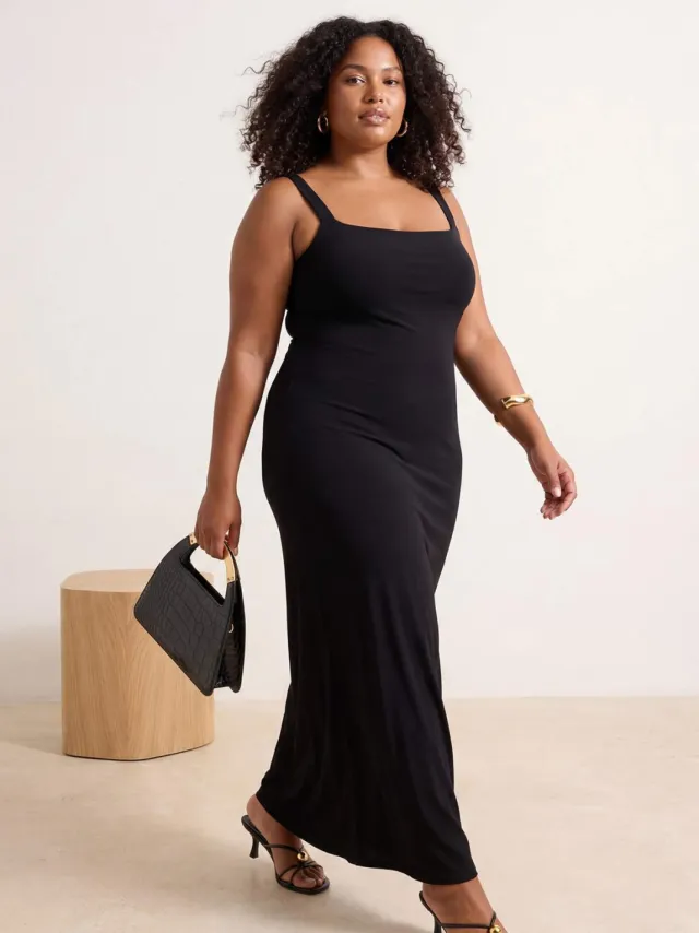 Trendyol Curve Dames Zwart Effen Maxi Mouwloos Casual Zeemeermin Grote maten Jurk, foto 2