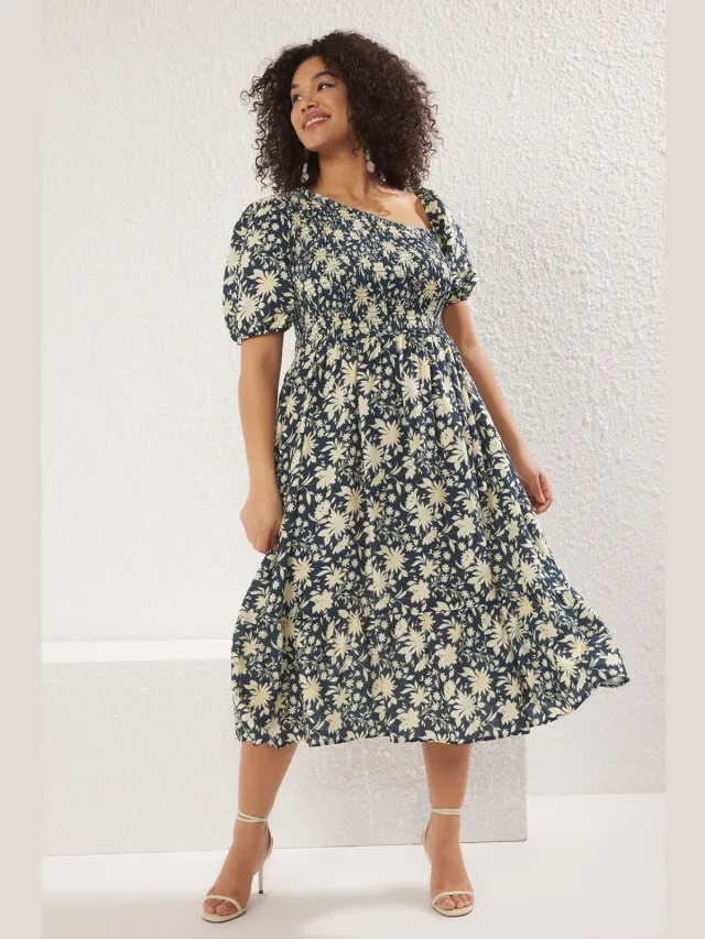 Trendyol Curve Dames Groen Effen Midi Kort Casual A-lijn Grote maten Jurk