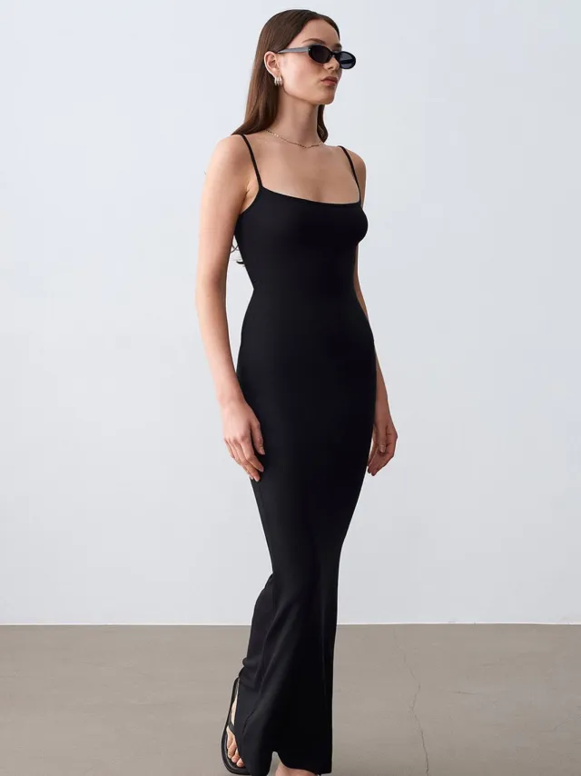 Dilvin Geribbelde Bodycon Maxi-jurk Zwart