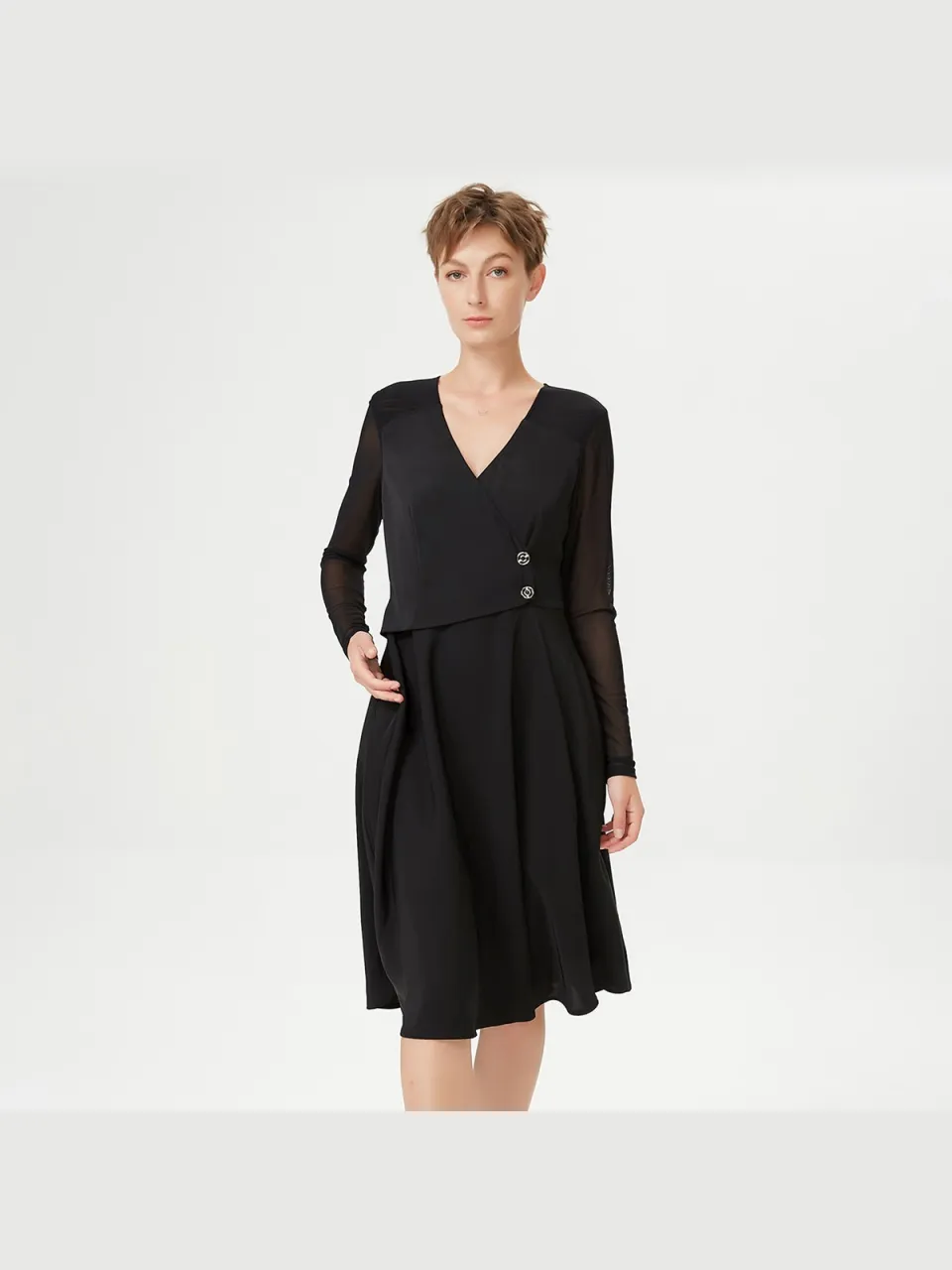 Smart & Joy Skater Cross-Heart Dress en stretch tule mouwen Zwart