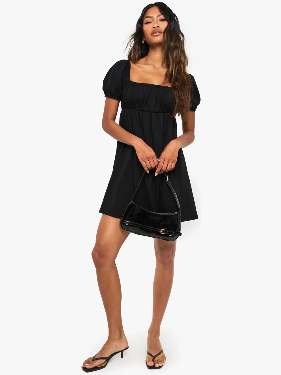 boohoo Dames Puff Sleeve Cotton Smock Mini Dress zwart, foto 3