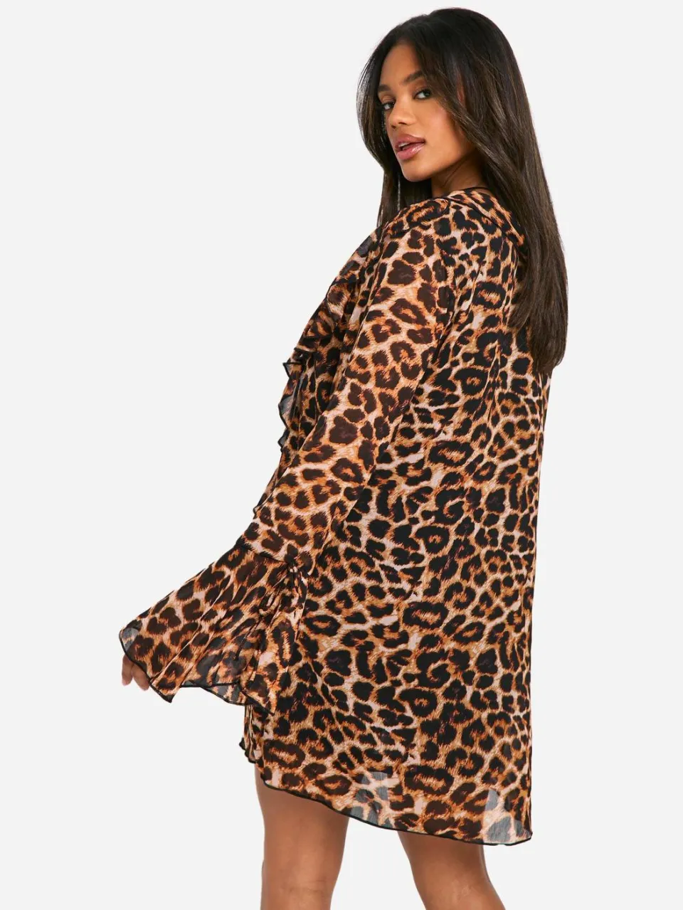 boohoo Dames Leopard Ruffle Shift Jurk bruin, foto 2