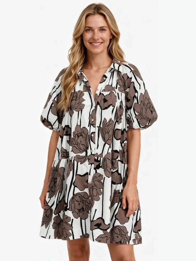 Imily Bela Dames Mini Jurk met Bloemenprint en Wijde Mouwen Bruin