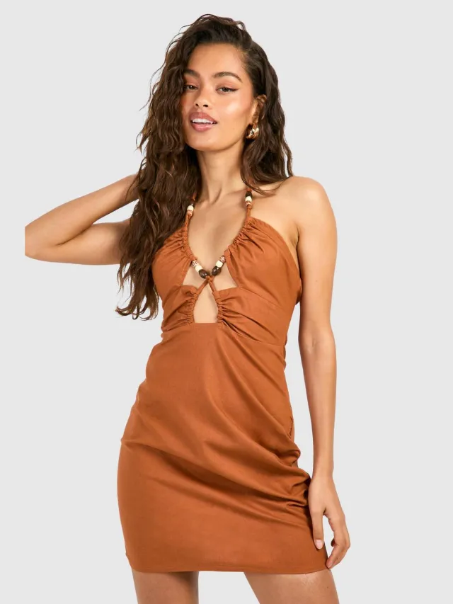 boohoo Dames Linnen Look Parel Detail Halternek Mini Jurk terracotta, foto 3