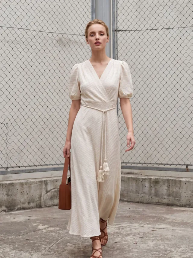 MyFashion Gestrikte V-hals Maxi Wikkeljurk Crème
