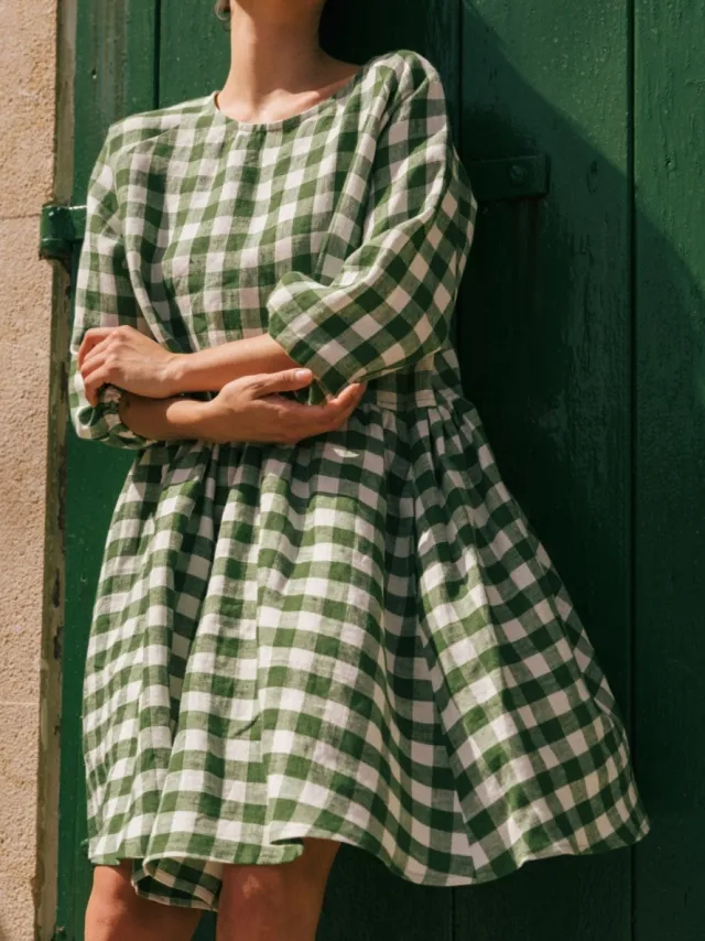 AmourLinen dames vegan Jurk Sofia Groen Gingham