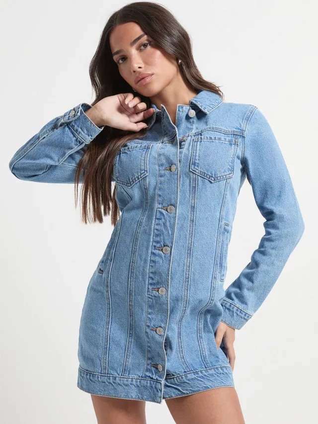 boohoo Dames Petite Western Denim Mini Jurk Medium Gebleekt
