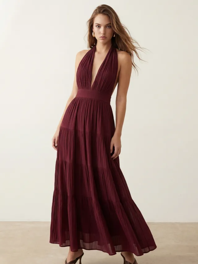 Trendyol TRENDYOLMİLLA Dames Bordeaux Effen Maxi Mouwloos Skater Jurken Bordeauxrood