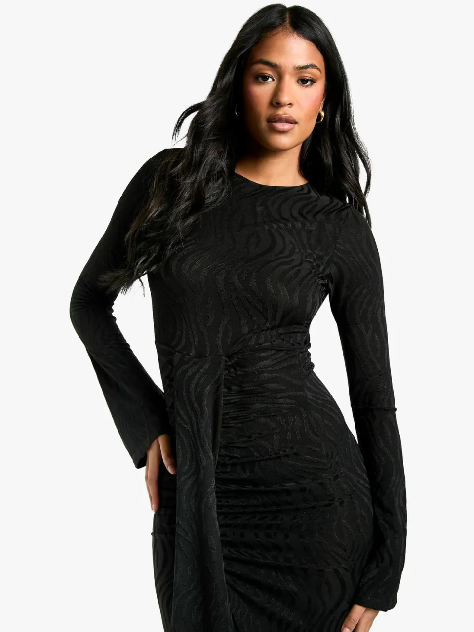 boohoo Dames Lang model maxi-jurk met dierenjacquard en drape-detail zwart, foto 2