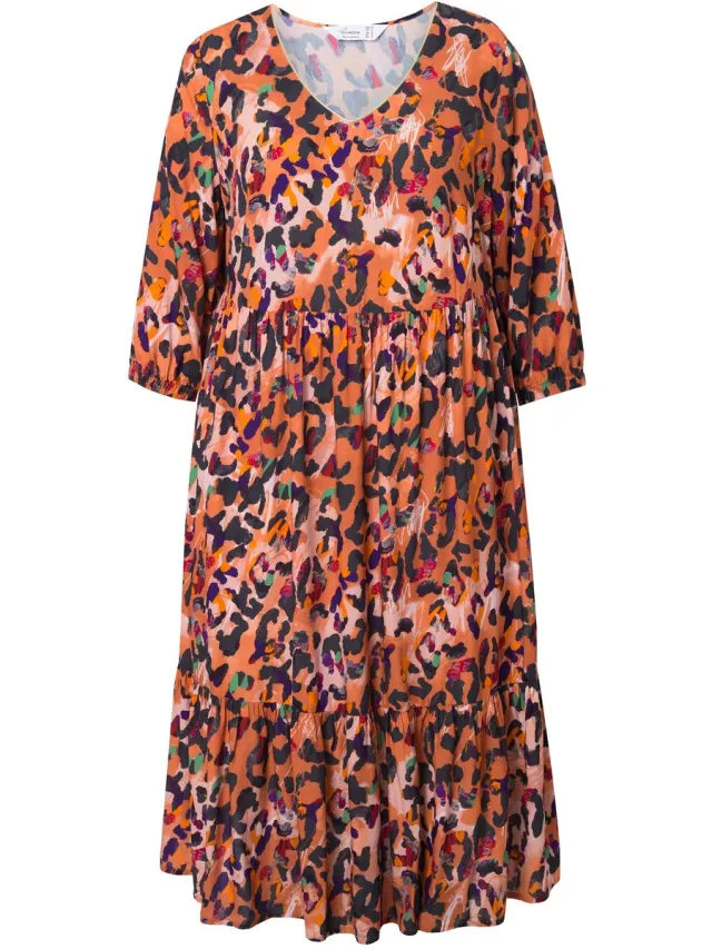 MIAMODA Dames - Midi-jurk A-lijn luipaardmotief sierband - Oranje