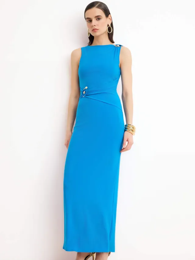 Turkishsouq Platte, mouwloze maxi-jurken voor dames, geschikt voor avond- en gala-avonden. Blauw