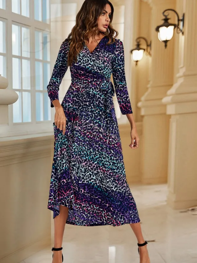FS Collection Midi-jurk met geometrische print en wikkeltop in marineblauw