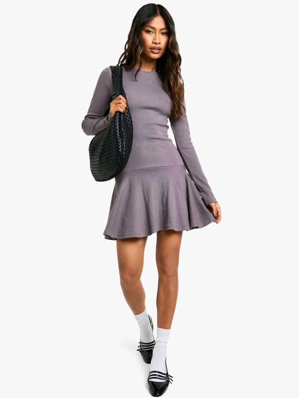 boohoo Dames Rib Dropped Hem Skater Dress grijs, foto 3