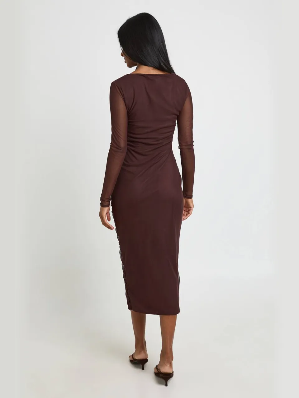 boohoo Dames Midaxi Jurk Met Vierkante Hals En Gerimpeld Mesh espresso, foto 2