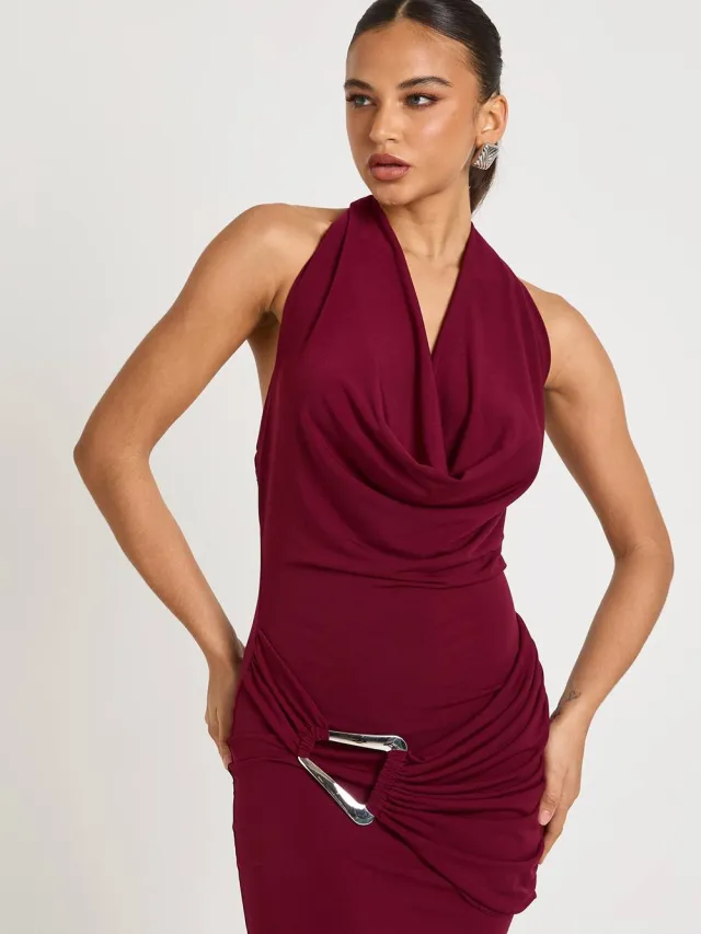 boohoo Dames Grote getailleerde halterneck minijurk pruim, foto 2