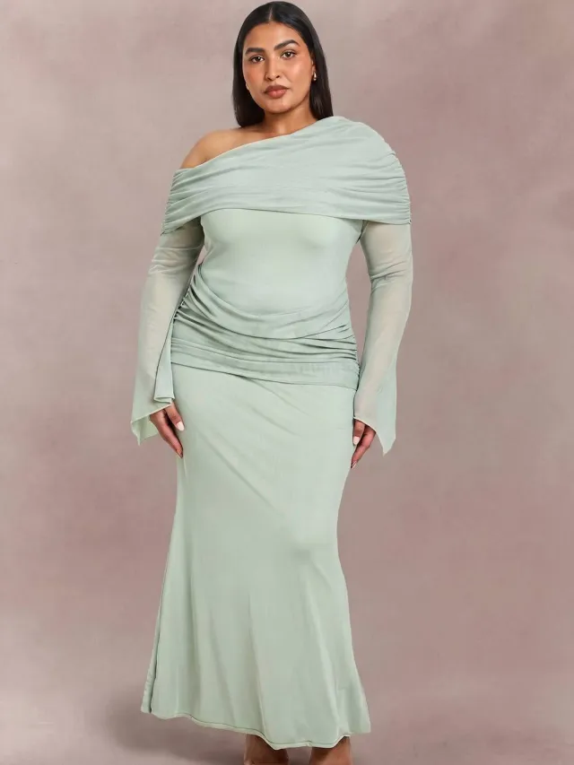 boohoo Dames Plus Mesh Bardot Jurk Met Drapering Detail Maxi Verstandig