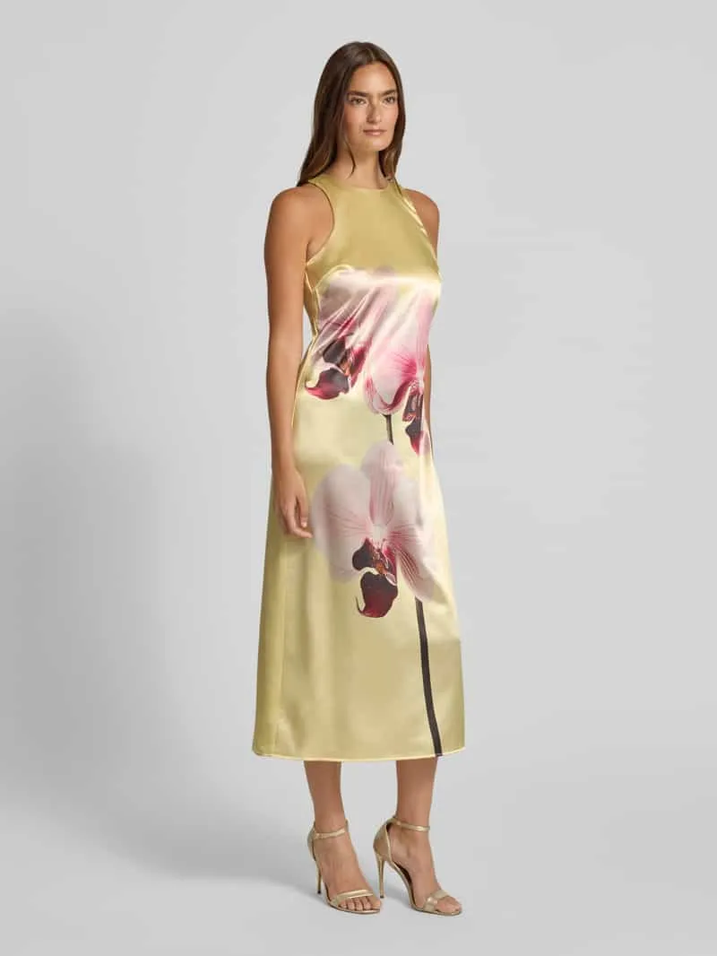 Yas A-lijn cocktailjurk van satijn met motiefprint model 'ORCHIDA' geel, foto 4