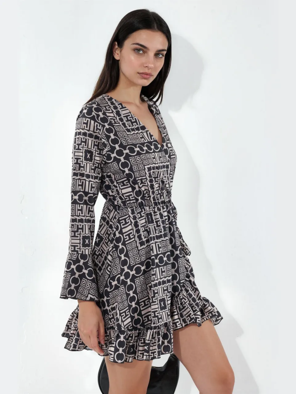 MSN Collection Geometrische Wikkel Mini Jurk Met Strik Taille beige, foto 2