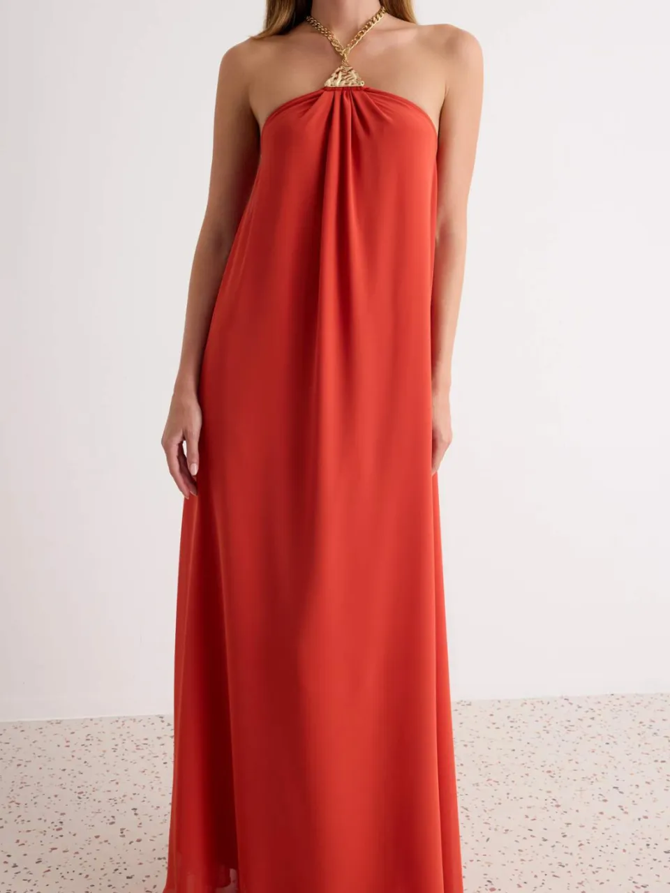 Trendyol TRENDYOLMİLLA Dames Oranje Effen Maxi Mouwloos Recht Avond & Gala Jurk, foto 2