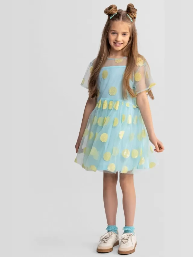 Minoti feestjurk meisjes tule met pailletten - kniehoogte Turquoise