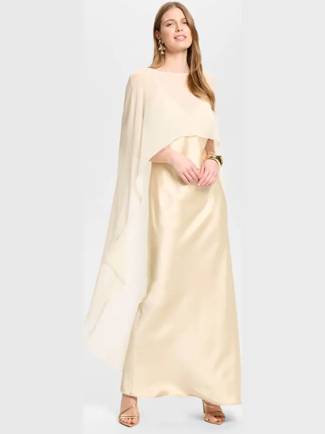 Swing Avondjurk – Satijn – Afneembare Chiffon Cape – Champagne Beige –