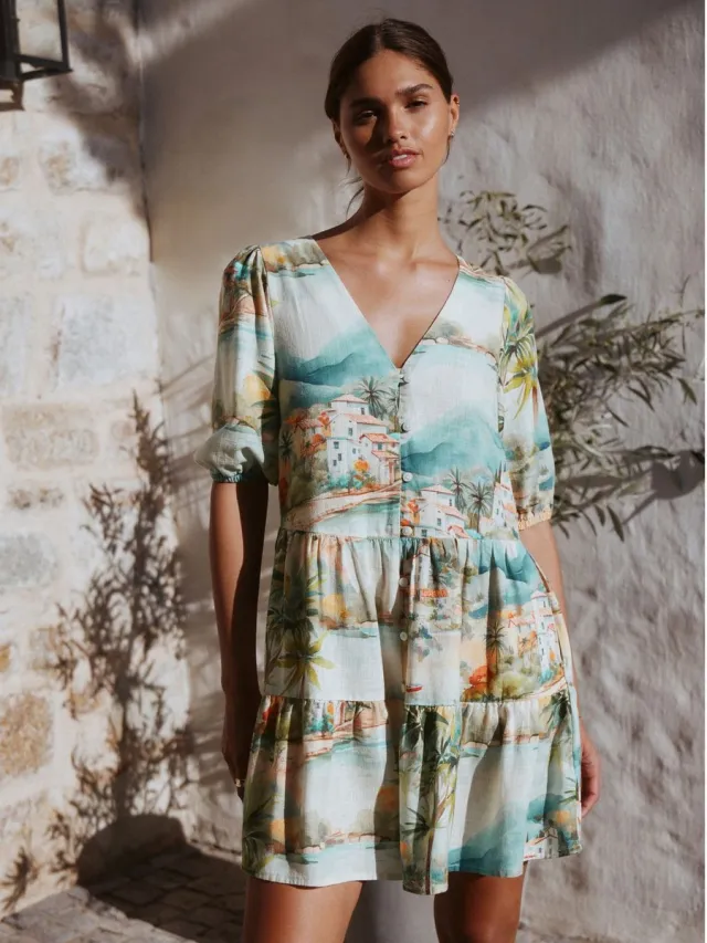 Next Dames - Gelaagde petite mini-jurk met linnen, met korte mouwen en knoopsluiting - Petite - Wit Blue House Print