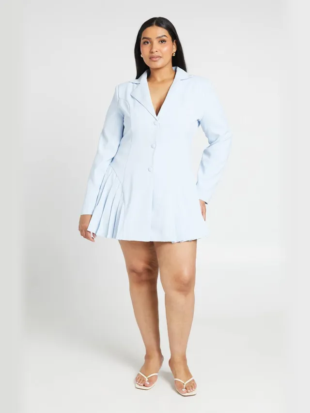 boohoo Dames Plus Geplooide Rok Blazer Jurk Met Knoopsluiting Babyblauw