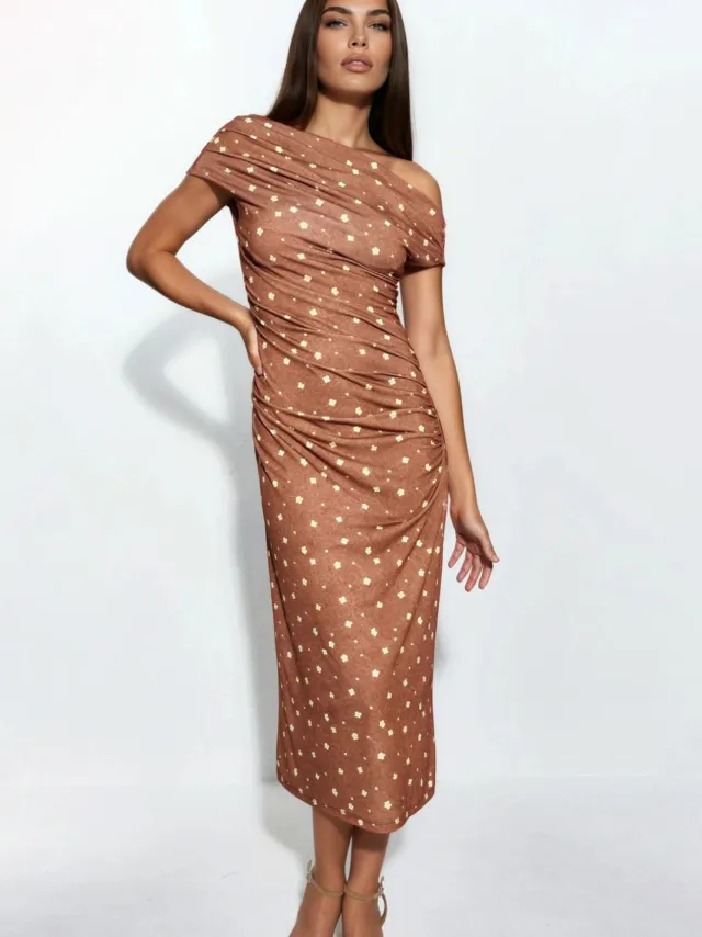 Hiccup Asymmetrische Halsbloem midi-jurk Bruin