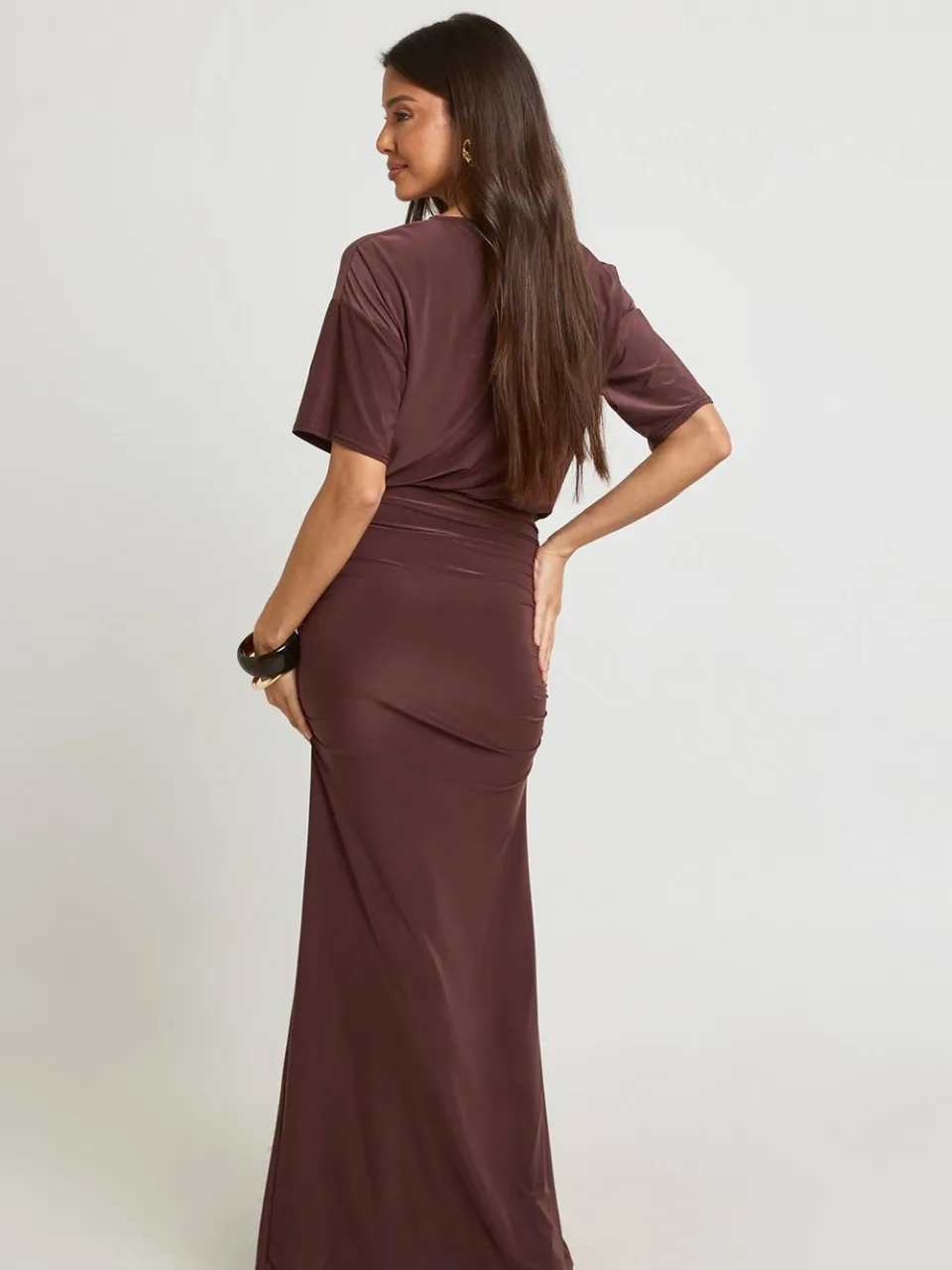 boohoo Dames Superzachte Maxi Jurk Met Gerimpelde Taille En Uitlopende Mouwen cacao, foto 3