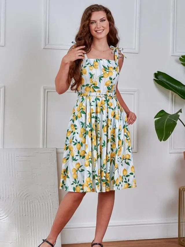 Banned June Lemon and stripes swing dress Dames Midi-jurk - geel