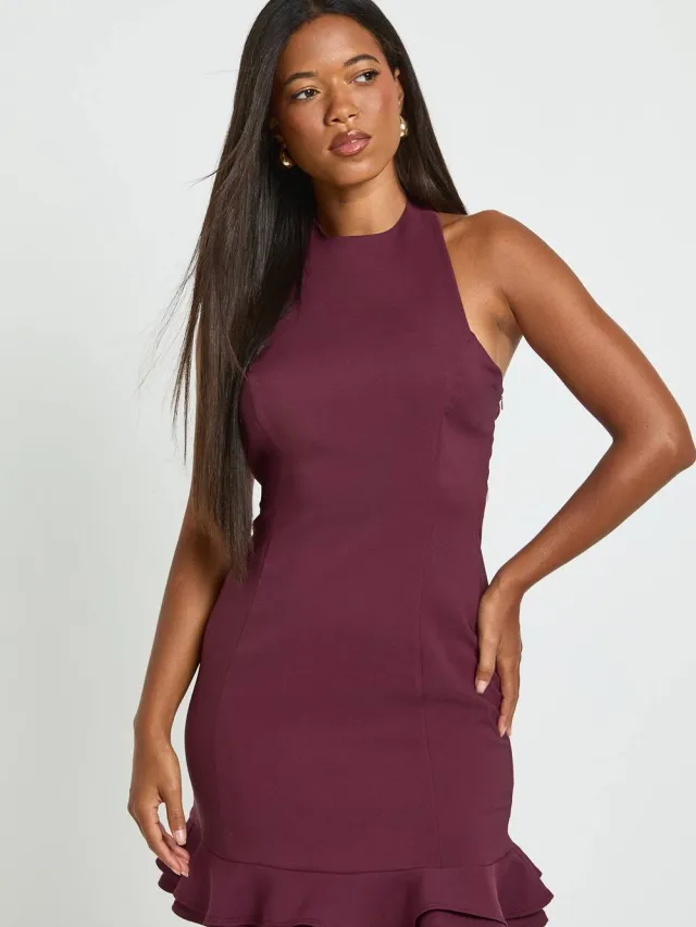 boohoo Dames Halterneck Asymmetrische Zoom Mini Jurk Pruim